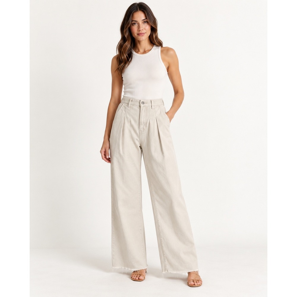 Veronica Beard Mia Jeans 25 Ecru Pleated Wide Leg High Rise Trouser Raw Hem